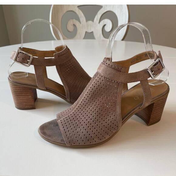Franco Sarto Leather Suede Harlet2 Sandals Booties Size 8 Taupe Peep Toe Heels - Picture 1 of 13